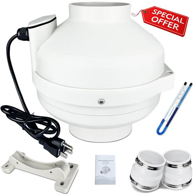 4 to 3 inch Radon Mitigation System Kit - 2 Speed Radon Fan 240CFM | 168CFM with Rubber Couplings and Air Pressure Indicator