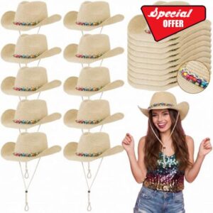 Mepase 10 Pack Bulk Straw Cowboy Hat for Women Western Cowgirl Party Hat & Colorful Beaded Band Adjustable Chin Strap Beach