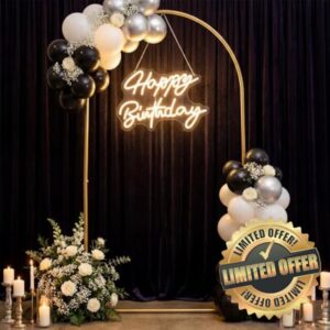 Lewtemi Arch Backdrop Stand and Happy Birthday Neon Sign 6.6 ft Metal Arch Stand USB Powered Party Photo Backdrop LED Happy Birthday Sign for Party Decorations Wall Decor Bedroom Room Bar Door Frame