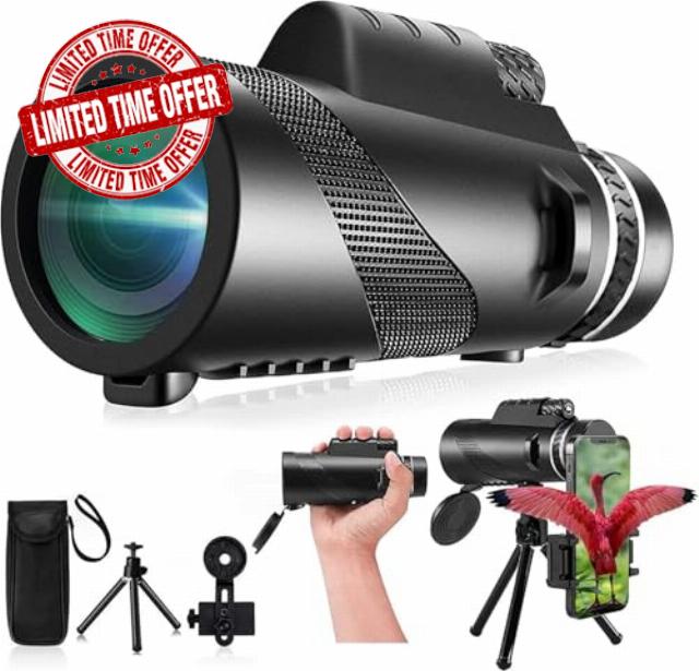 Monocular-Telescope 80x100 High Powered Monoculars High Definition for Adults High Powered with Smartphone Adapter Telescope Hunting Wildlife Bird Watching Travel Camping Hiking-Black