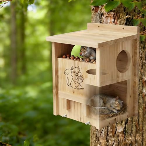 2-in-1 Weatherproof Pine Wooden Squirrel Houses for Outside Nesting