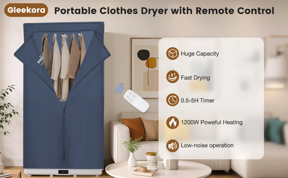1200W Fast Drying Portable Clothe Dryer with Huge Capacity and 5H Adjustable Timer