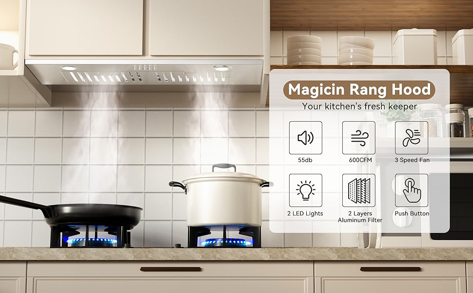 Magicin Built-in/Insert Range Hood 30inch 600 CFM Vent Hood Stainless Steel Kitchen Exhaust Fan Hood
