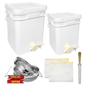 Honey Bucket & Filtering Kit | Double Sieve Stainless Steel Honey Strainer | 3 & 5 Gallon Square Honey Bucket White Spigot |Bucket Strainer | Honey Scraper | Beekeeping Extractor Equipment Supplies