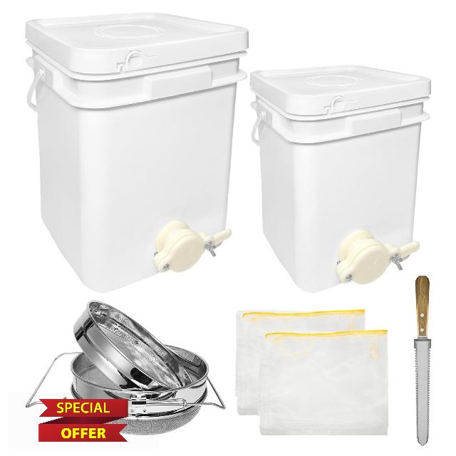 Honey Bucket & Filtering Kit | Double Sieve Stainless Steel Honey Strainer | 3 & 5 Gallon Square Honey Bucket White Spigot |Bucket Strainer | Honey Scraper | Beekeeping Extractor Equipment Supplies