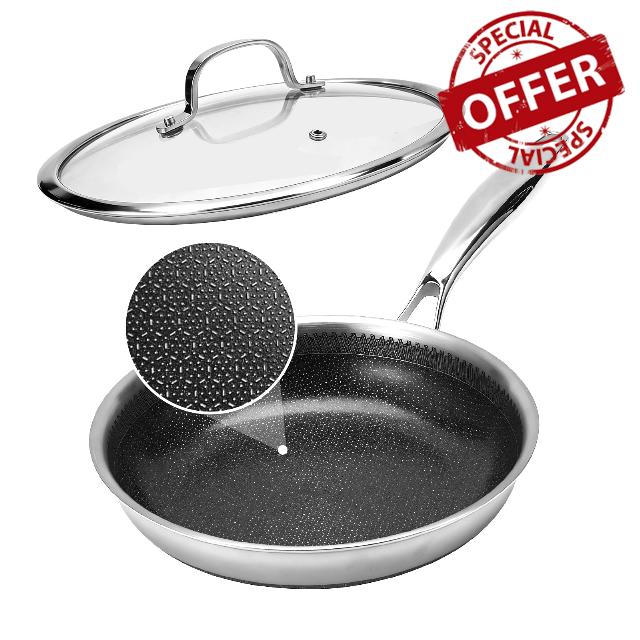 10 Inch Tri-Ply Stainless Steel Hybrid Frying Pan with Lid - Ceramic Nonstick Skillet