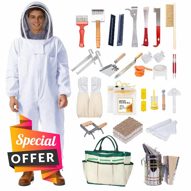 POLLIBEE 35Pcs Beekeeping Supplies Starter Kit with Bee Suit