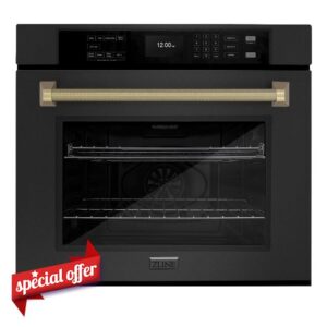 ZLINE Autograph Edition 30 in. Professional True Convection Single Wall Oven with Air Fry and Self Clean in Black Stainless Steel with Champagne Bronze Helix Handle (WASBZ-30-KCB)