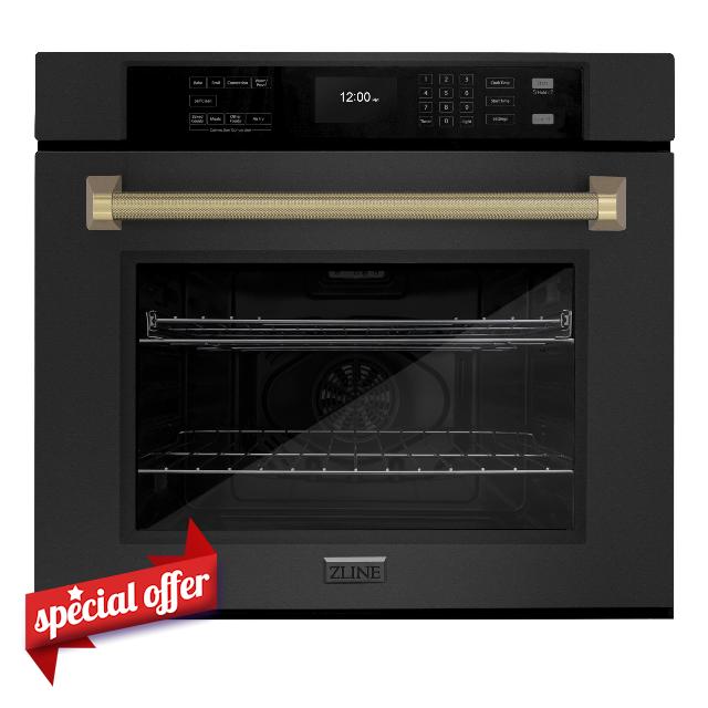 ZLINE Autograph Edition 30 in. Professional True Convection Single Wall Oven with Air Fry and Self Clean in Black Stainless Steel with Champagne Bronze Helix Handle (WASBZ-30-KCB)