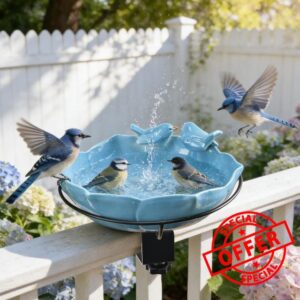 Glazed Ceramic Bird Bath for Deck Railing
