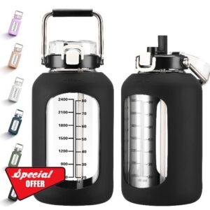 MUKOKO 100oz Glass Water Bottle with Time Marker and Silicone Sleeve 3L Large Water Jug with Stainless Steel Handle Gallon Drinking Bottle with 2-in-1 Lid Wide Mouth BPA Free