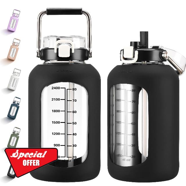 MUKOKO 100oz Glass Water Bottle with Time Marker and Silicone Sleeve 3L Large Water Jug with Stainless Steel Handle Gallon Drinking Bottle with 2-in-1 Lid Wide Mouth BPA Free