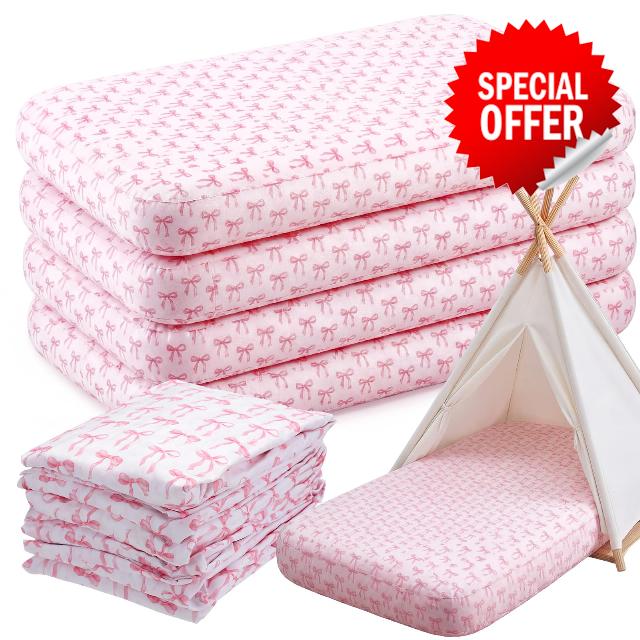 HunnmingRe 6 Pcs Air Mattress Fitted Sheets 62 x 35 x 7 Inch Pink Bow Inflatable Mattress Sheets Bownot Sleepovers for Travel Camping Guest Family Gatherings Airbed Party Accommodations