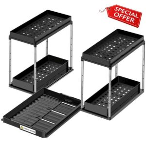 NIUXX Expandable Under Sink Organizer: 2 Tier Height Adjustable Under Cabinet Organizer - Double Pull Out Shelf Under Sink Storage for Kitchen - Bathroom and Laundry Room - Space Saving