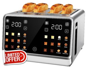 Smart Toaster 4 Slice with Wide Slot– Dual Digital TouchScreen for Family | Stainless Steel for 6 Bread Types & Toast Settings | Defrost Reheat & Single-Slice Modes