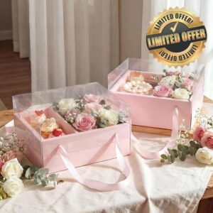 10 Set Cake and Flower Clear Boxes 2-in-1 Portable Empty Boxes with Handle Pink Transparent Gift Packaging for Mothers Day Wedding Party Cake Flower Pack Togethe