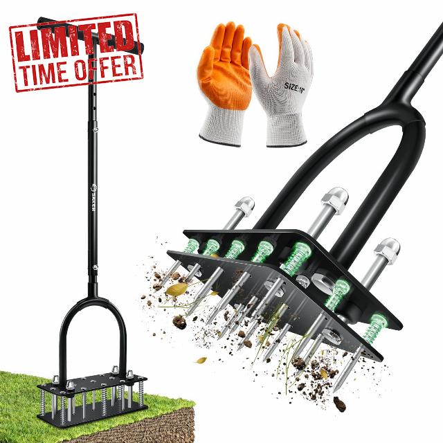 Saker Manual Lawn Aerator Tool with 15 Iron Spikes Adjustable Height