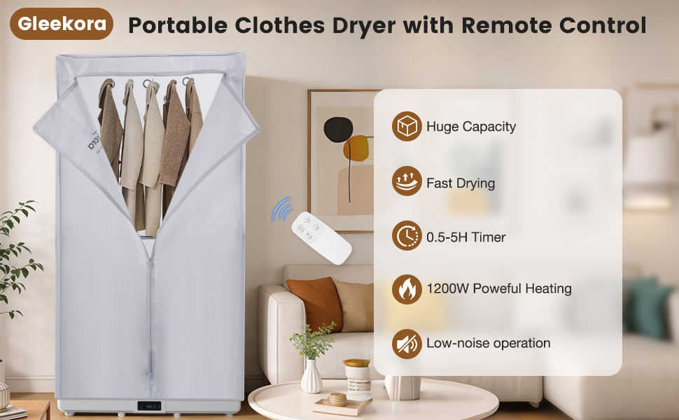 1200W Quite Fast Drying Portable Clothes Dryer with 5H Timer