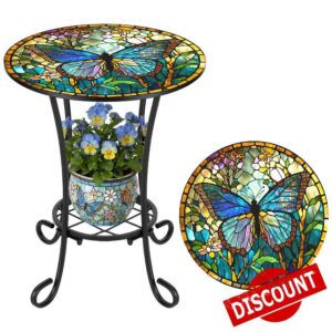 Cinnvoice Outdoor Side Table 2-Tier Round Small Mosaic Patio Accent Indoor End Plant Coffee Tea Table for Yard Patio Porch Garden Living Room