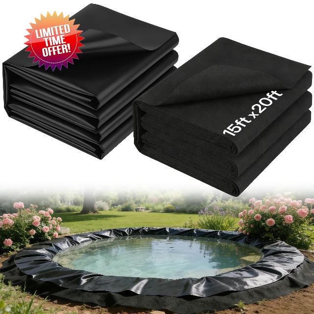Heavy Duty Pond Liner Underlayment Combo - 15 X 20ft Non Woven Geotextile Fabric & 20 mil Pond Liners for Outdoor Ponds
