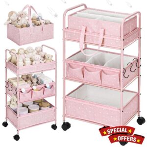 Yookeer 2in1 Baby Diaper Caddy Organizer Cart 3 Tier Large Capacity Metal Utility Bedside Rolling Cart with Divider Newborn Registry Gift Nursery Essential Must Have Bedroom Baby Shower(Pink
