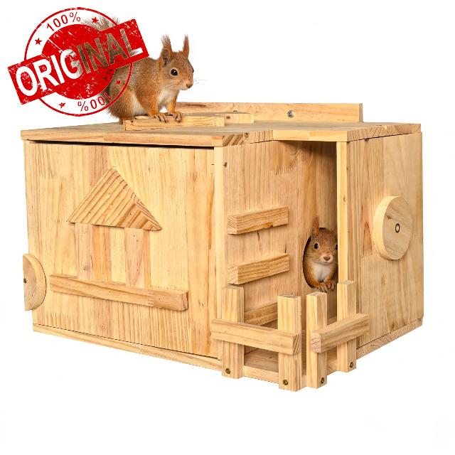 Handcrafted Solid Wood Squirrel House with Porch — All-Season Shelter & Nesting Box for Squirrels & Chipmunks | Complete Easy-Mount Kit for Tree