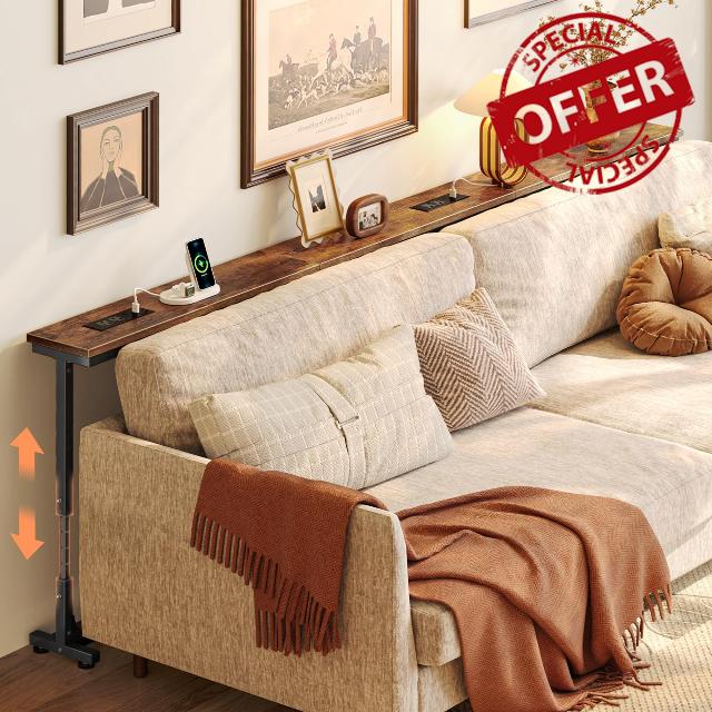 Huuger 78.7 Inch Height Adjustable Behind Couch Table with Power Outlets