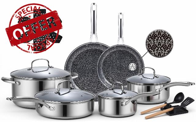 Ammeloo 17 Pcs Nonstick Stainless Steel Cookware Set