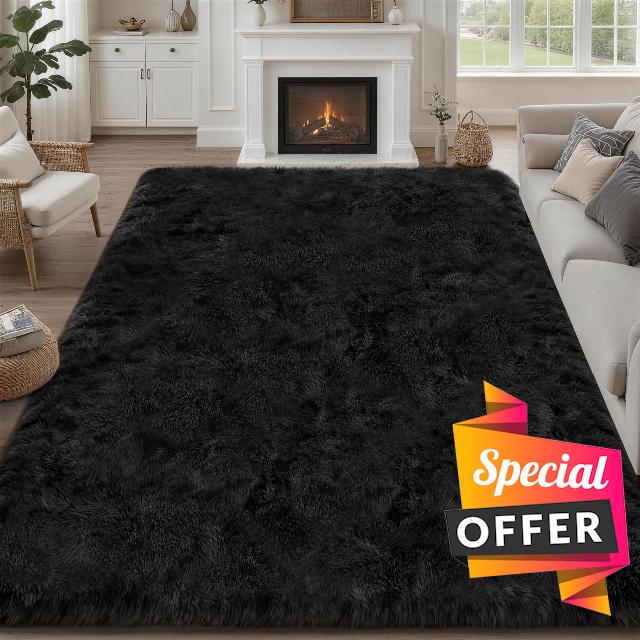 8x10 Area Rugs for Living Room Bedroom: Ultra Soft Fluffy Shag Rug Upgrade Non-Slip Non-Shedding Large Fuzzy Plush Carpet Indoor Floor Carpets for Kids Room Playroom Nursery Dorms Home Decor Black