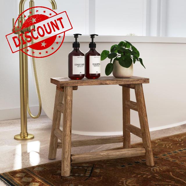 East at Main Rustic Solid Wood Accent Stool – Small Wooden Stool for Bathroom