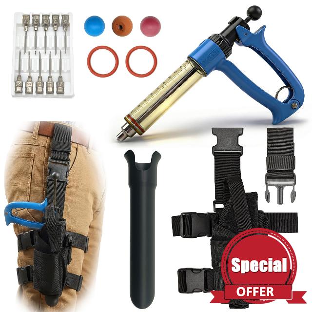 50mL Adjustable Repeater Syringe + Heavy Duty Belt Holster Continuous Injector (1-5mL) & Hands Free Carrier Bundle for Cattle