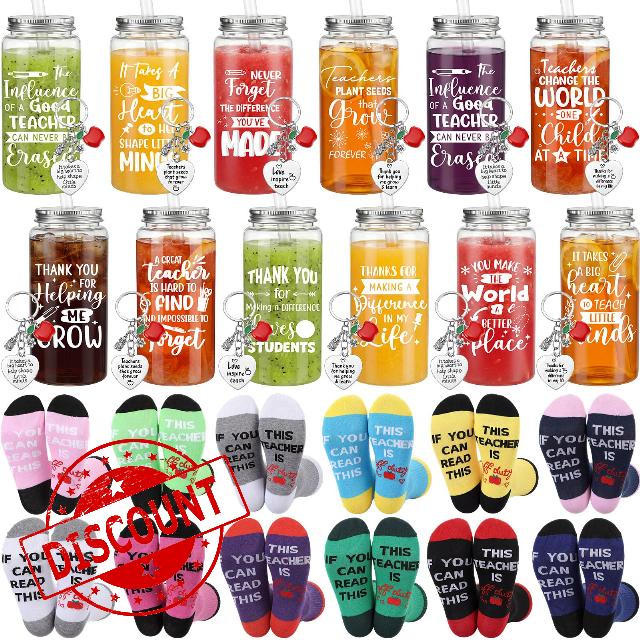 Unittype 36 Pcs 2026 Teacher Appreciation Gifts Bulk 13.5 oz Thank You Teacher Plastic Tumblers with Lid and Straw Socks Inspirational Keychains Thank You Teachers Week Gifts for Principals Professo