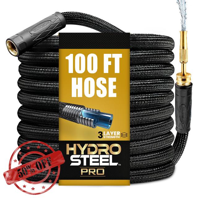 Hydrosteel PRO 100 Ft Metal Garden Hose with Nozzle