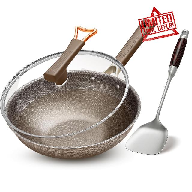 13 Inch Titanium Wok Pan with Lid - Non Stick Frying Pan