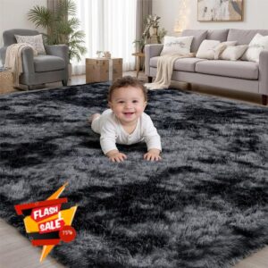 8x10 Area Rugs for Living Room Bedroom: Black Grey Soft Fluffy Shag Upgrade Non-Slip High Pile Carpet Large Fuzzy Plush Indoor Floor Decor Shaggy Rug for Kid Boys Girls Playroom Nursery Modern Home