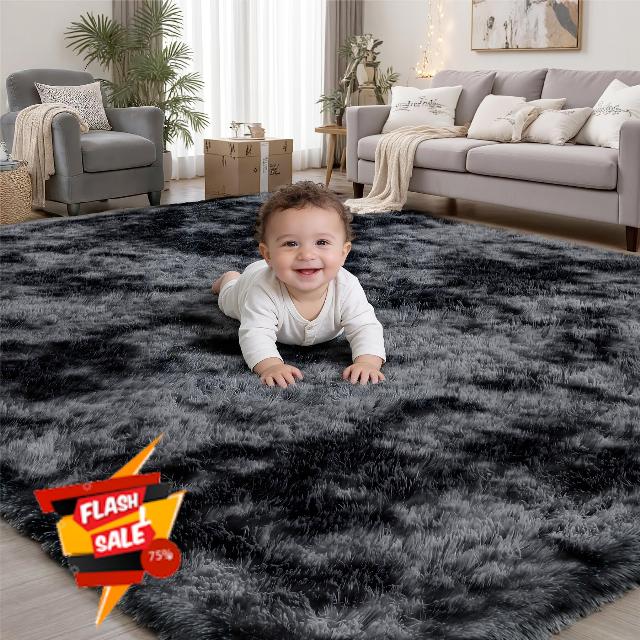 8x10 Area Rugs for Living Room Bedroom: Black Grey Soft Fluffy Shag Upgrade Non-Slip High Pile Carpet Large Fuzzy Plush Indoor Floor Decor Shaggy Rug for Kid Boys Girls Playroom Nursery Modern Home
