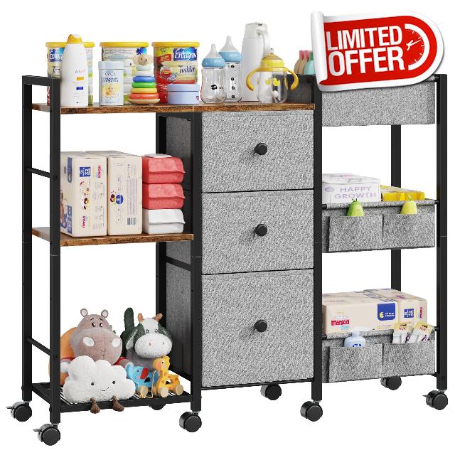 GYIIYUO Diaper Caddy Cart with Storage Fabric Drawers/Open Shelves