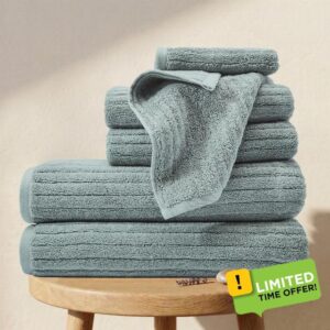 BIOWEAVES 100% Organic Cotton 6-Piece Luxury Bathroom Ribbed Towel Set GOTS Certified 700 GSM