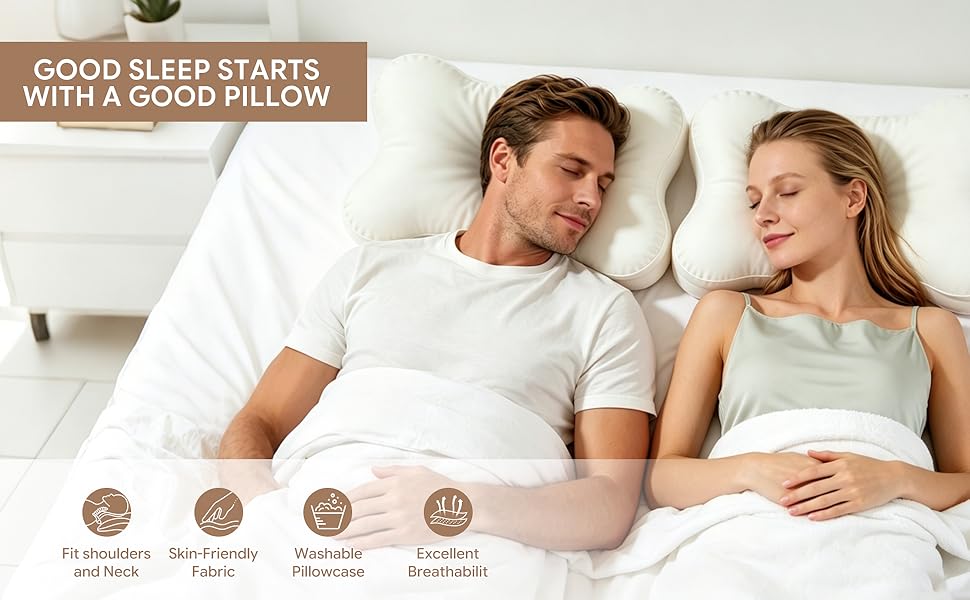 A couple sleeping with white ergonomic pillows on a bed.