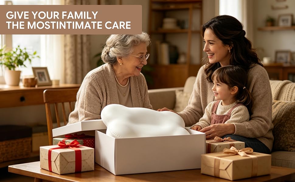 White ergonomic pillow with a soft, breathable cover and fabric detail views.