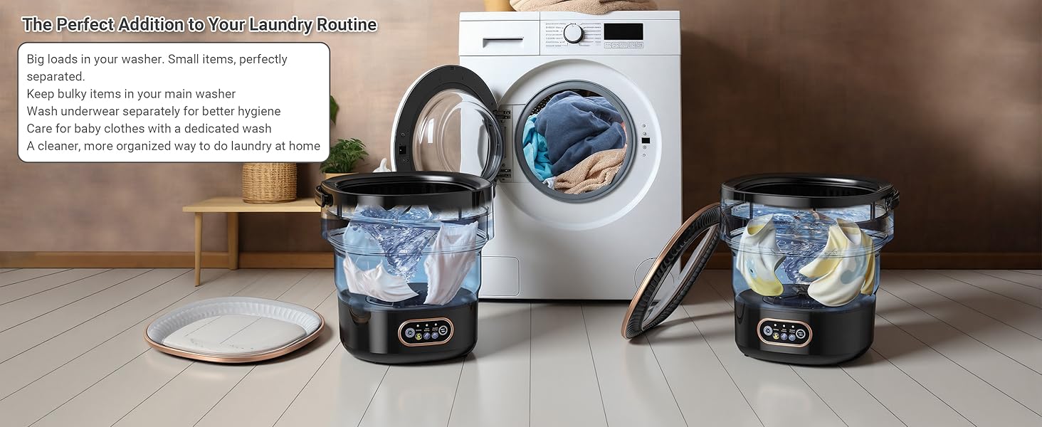 Small folding washer with one-touch control, built-in drain and space-saving storage design