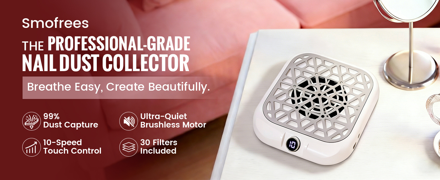 Text reads 'Smofrees THE PROFESSIONAL-GRADE NAIL DUST COLLECTOR. Breathe Easy, Create Beautifully.' Features icons showing 95% dust capture, ultra-quiet, 15-speed control, and no filters.