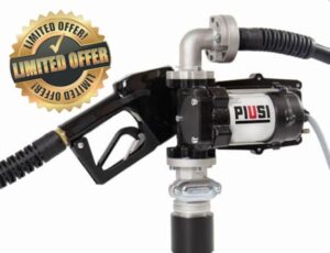 Piusi EX50 Fuel Transfer Pump 12V Cast Iron Body 16 GPM Flow Rate at Nozzle with Spring-Loaded Vanes Built-In Bypass Valve (Pump with Auto Nozzle and Hose)
