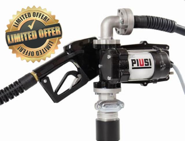 Piusi EX50 Fuel Transfer Pump 12V Cast Iron Body 16 GPM Flow Rate at Nozzle with Spring-Loaded Vanes Built-In Bypass Valve (Pump with Auto Nozzle and Hose)