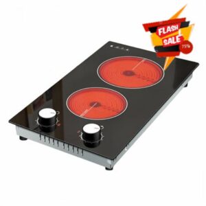 Electric Cooktop 2 Burners Electric Stove 12 Inch Ceramic Cooktop Knob Control Countertop & Built-in 9 Heating Level