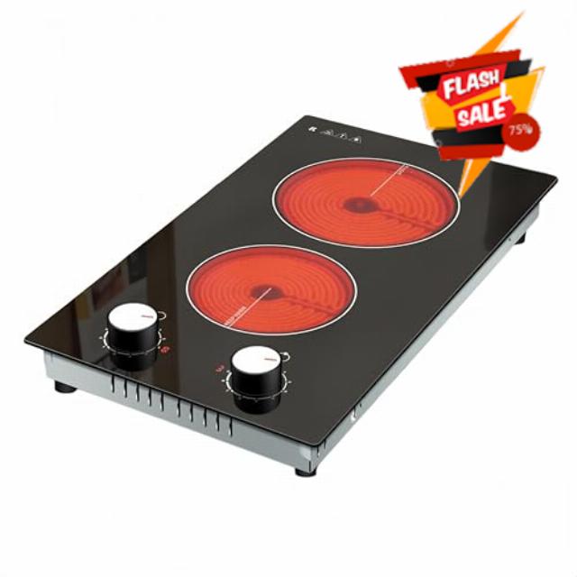 Electric Cooktop 2 Burners Electric Stove 12 Inch Ceramic Cooktop Knob Control Countertop & Built-in 9 Heating Level
