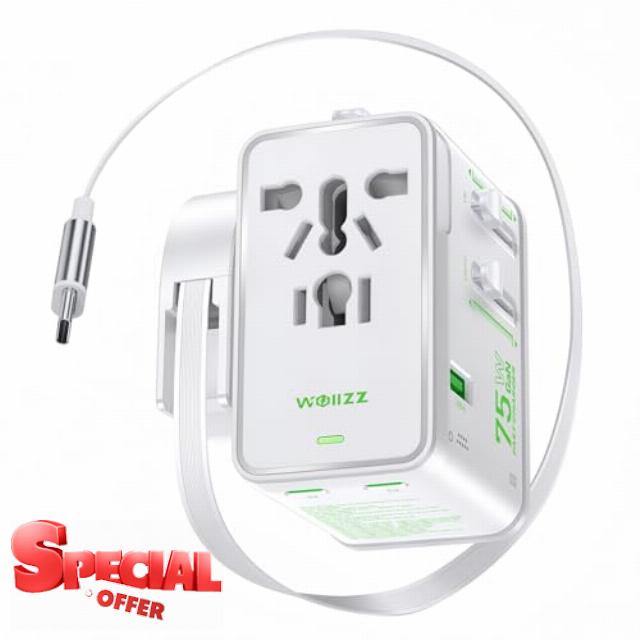 75W Tiny Universal Travel Adapter with 70cm Retractable Cable