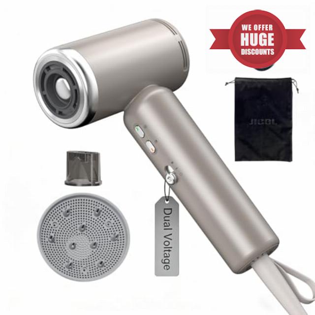 JIGGL Dual-Voltage Mini Travel Hair Dryer: Small Pocket-Sized 100-240V Ionic Blow Dryer with Magnetic Diffuser & European Plug Adapter for Curly Hair - Compact/Portable/Lightweight/Tiny/Quiet - Gold