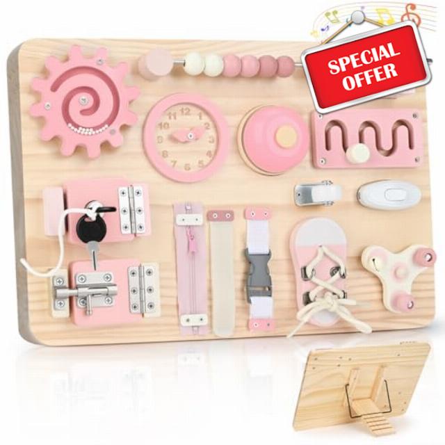 Joyreal Large Wooden Busy Board for Toddlers with Foldable Stand