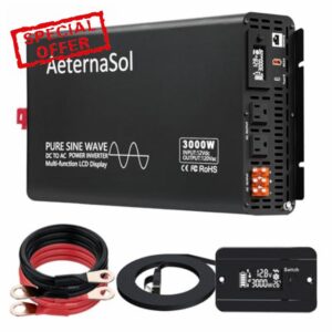 Pure Sine Wave Inverter 3000 Watt Inverter 12V DC to 110V-120V AC Converter for RV Truck Camping Solar Home Backup with 2 AC Outlets
